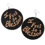 Maxbell Vintage Black Wood Ethnic Lettering Tribal Dangle Earring I FEEL SO BLESSED