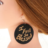 Maxbell Vintage Black Wood Ethnic Lettering Tribal Dangle Earring I FEEL SO BLESSED