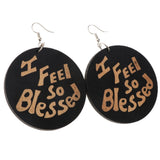 Maxbell Vintage Black Wood Ethnic Lettering Tribal Dangle Earring I FEEL SO BLESSED