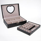 Maxbell PU Leather Double Layer Jewelry Box Storage with Heart Shape Mirror Black