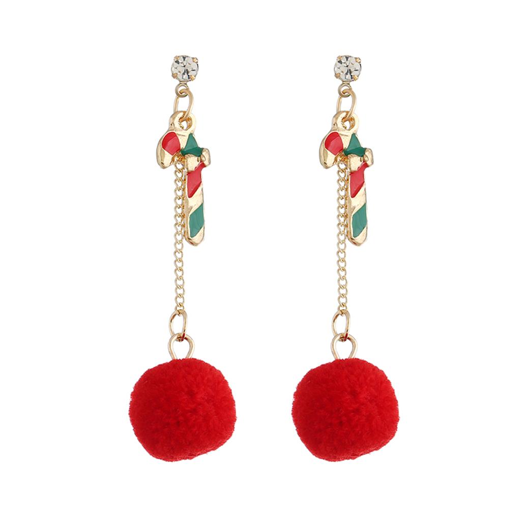 Maxbell Christmas Themed Cute Red Ball Dangle Earrings Fashion Gift Walking Stick