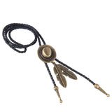Max Black PU Leather Western Cowboy Rodeo Bolo Tie Bola Necklace Antique Brass