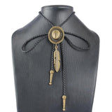 Max Black PU Leather Western Cowboy Rodeo Bolo Tie Bola Necklace Antique Brass