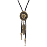 Max Black PU Leather Western Cowboy Rodeo Bolo Tie Bola Necklace Antique Brass