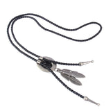 Max Black PU Leather Western Cowboy Rodeo Bolo Tie Bola Necklace Antique Silver