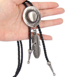 Max Black PU Leather Western Cowboy Rodeo Bolo Tie Bola Necklace Antique Silver