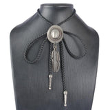 Max Black PU Leather Western Cowboy Rodeo Bolo Tie Bola Necklace Antique Silver