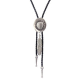 Max Black PU Leather Western Cowboy Rodeo Bolo Tie Bola Necklace Antique Silver