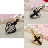 Maxbell Enamel Stainless Steel Cross Crucifix Heart Pendant Keepsake Silver Black