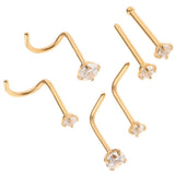 Maxbell 6 Pieces Stainless Steel Zircon Crystal Screw Curved Nose Piercing Gold