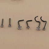 Maxbell 6 Pieces Stainless Steel Zircon Crystal Screw Curved Nose Piercing Black