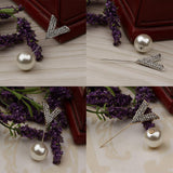 Maxbell Elegant Men Women Rhinestone Paved V Shaped Pearl Stick Collar Pins Gold