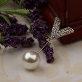 Maxbell Elegant Men Women Rhinestone Paved V Shaped Pearl Stick Collar Pins Gold
