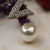 Maxbell Elegant Men Women Rhinestone Paved V Shaped Pearl Stick Collar Pins Gold