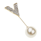 Maxbell Elegant Men Women Rhinestone Paved V Shaped Pearl Stick Collar Pins Gold
