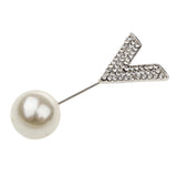 Maxbell Elegant Men Women Rhinestone Paved V Shaped Pearl Stick Collar Pins Silver