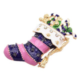 Maxbell Vintage Pink Enamel Crystal Xmas Sock Brooch Pin for Festival Jewelry Gifts