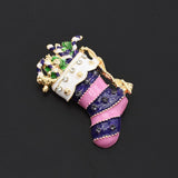 Maxbell Vintage Pink Enamel Crystal Xmas Sock Brooch Pin for Festival Jewelry Gifts