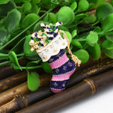 Maxbell Vintage Pink Enamel Crystal Xmas Sock Brooch Pin for Festival Jewelry Gifts