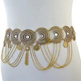 Maxbell Vintage Bohemian Rhinestone Coin Tassel Wedding Gypsy Waist Belt Golden