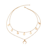 Maxbell Moon Pendant Mini Disc Choker Chain Double Layer Clavicle Necklace Golden