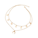 Maxbell Moon Pendant Mini Disc Choker Chain Double Layer Clavicle Necklace Golden