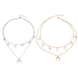 Maxbell Moon Pendant Mini Disc Choker Chain Double Layer Clavicle Necklace Golden