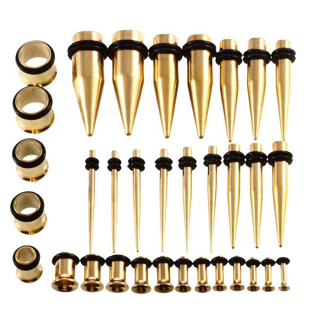 Maxbell 36 Pieces Ear Gauges Stretching Kit Plugs Taper 14G-00G Expanders Gold