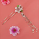 Maxbell Retro Hairpin Chinese Hair Stick Vintage Long Tassel Floral Headwear White