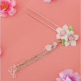 Maxbell Retro Hairpin Chinese Hair Stick Vintage Long Tassel Floral Headwear White