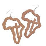 Maxbell Exaggerate Geometric African Map Cross Wooden Dangle Earrings Light Coffee