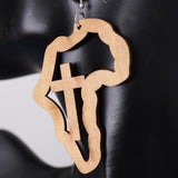 Maxbell Exaggerate Geometric African Map Cross Wooden Dangle Earrings Light Coffee
