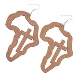 Maxbell Exaggerate Geometric African Map Cross Wooden Dangle Earrings Light Coffee