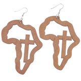 Maxbell Exaggerate Geometric African Map Cross Wooden Dangle Earrings Light Coffee
