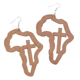 Maxbell Exaggerate Geometric African Map Cross Wooden Dangle Earrings Light Coffee