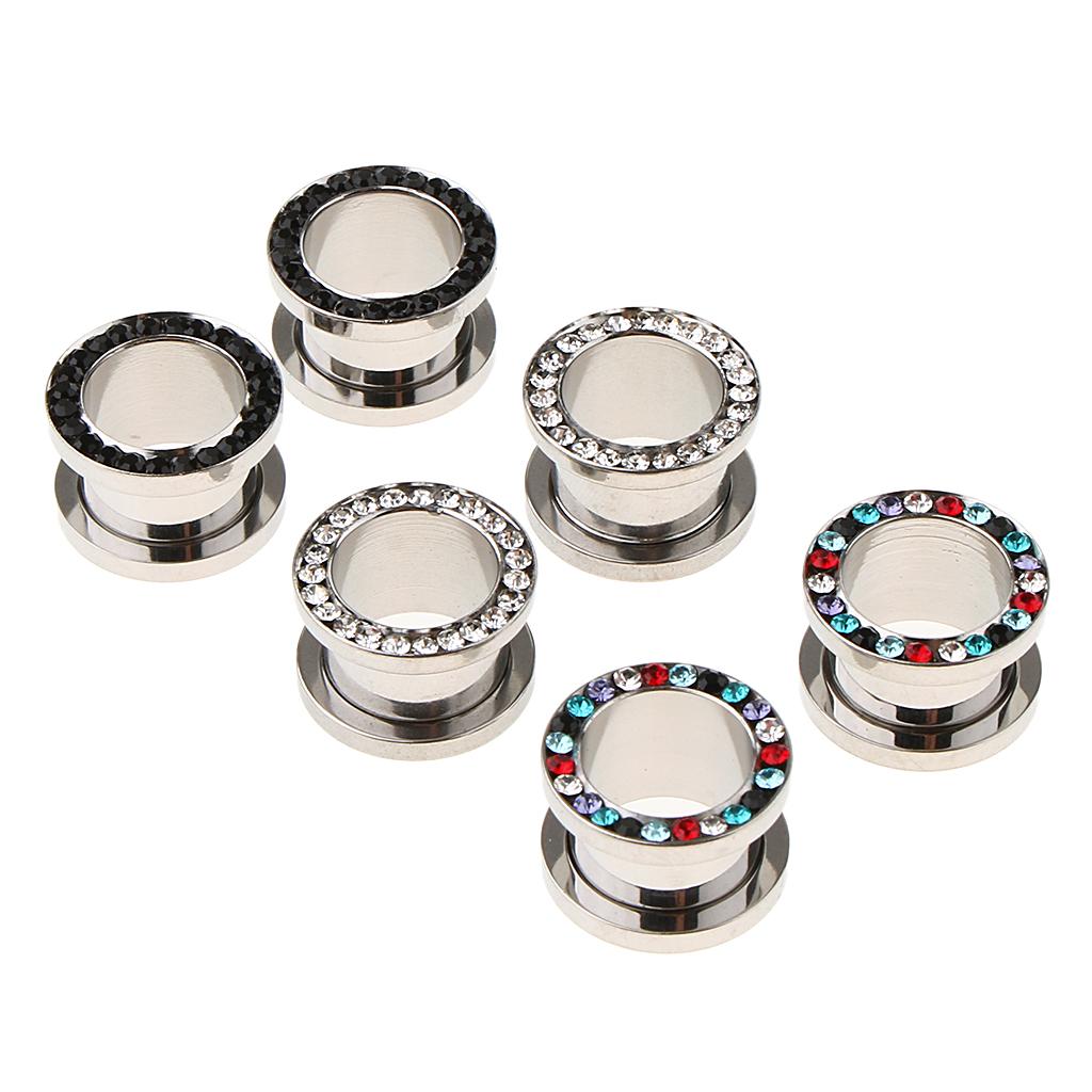 Maxbell 6pcs Rhinestone Stainless Steel Screw Ear Gauges Plugs Tunnels Expander 12mm