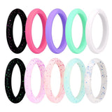 Maxbell 10Pcs Glitter Silicone Rubber Comfort Fit Wedding Party Rings US Size 8