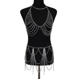 Maxbell Backless Bra Tassel Body Waist Chain Suit Multi Layer Bikini Swimsuit Silver