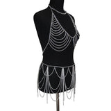 Maxbell Backless Bra Tassel Body Waist Chain Suit Multi Layer Bikini Swimsuit Silver