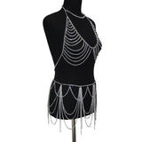 Maxbell Backless Bra Tassel Body Waist Chain Suit Multi Layer Bikini Swimsuit Silver