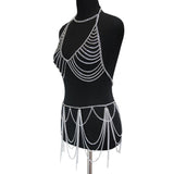 Maxbell Backless Bra Tassel Body Waist Chain Suit Multi Layer Bikini Swimsuit Silver