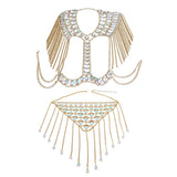 Maxbell summer sexy beach nightclub gem chain tassel vest waist chain body suit Golden
