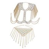 Maxbell summer sexy beach nightclub gem chain tassel vest waist chain body suit Golden