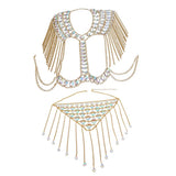 Maxbell summer sexy beach nightclub gem chain tassel vest waist chain body suit Golden