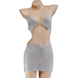 Maxbell Rhinestone bra chain metal split package hip bust skirt body chain Silver
