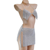 Maxbell Rhinestone bra chain metal split package hip bust skirt body chain Silver