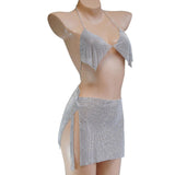Maxbell Rhinestone bra chain metal split package hip bust skirt body chain Silver