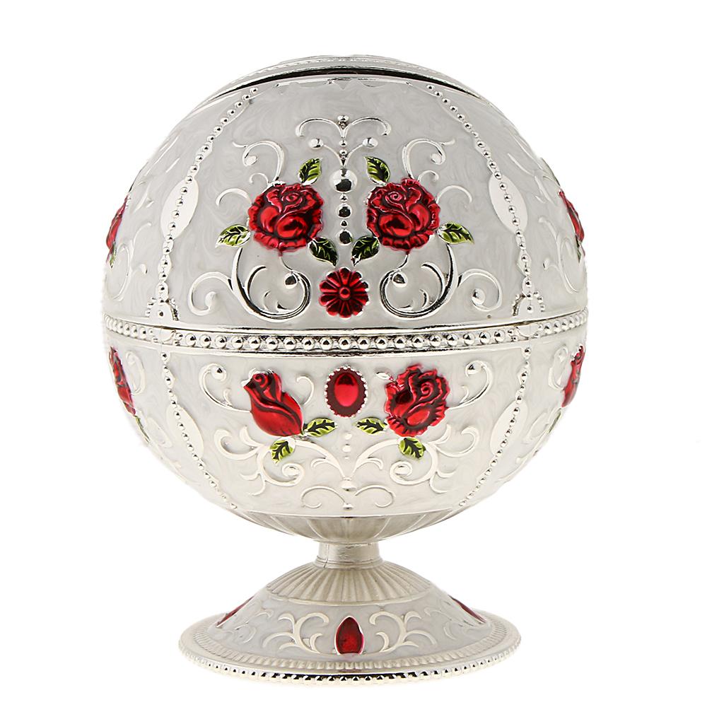 Maxbell Metal Jewelry Box with Lid Windproof Ashtray Home Decor Silver Rose