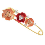 Maxbell Women's Crystal Rhinestone Camellia Flower Brooch Pin Golden Tone Red