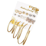 Max 9 Pairs Assorted Multiple Hoop Drop Dangle Long Earrings Studs Set Gold